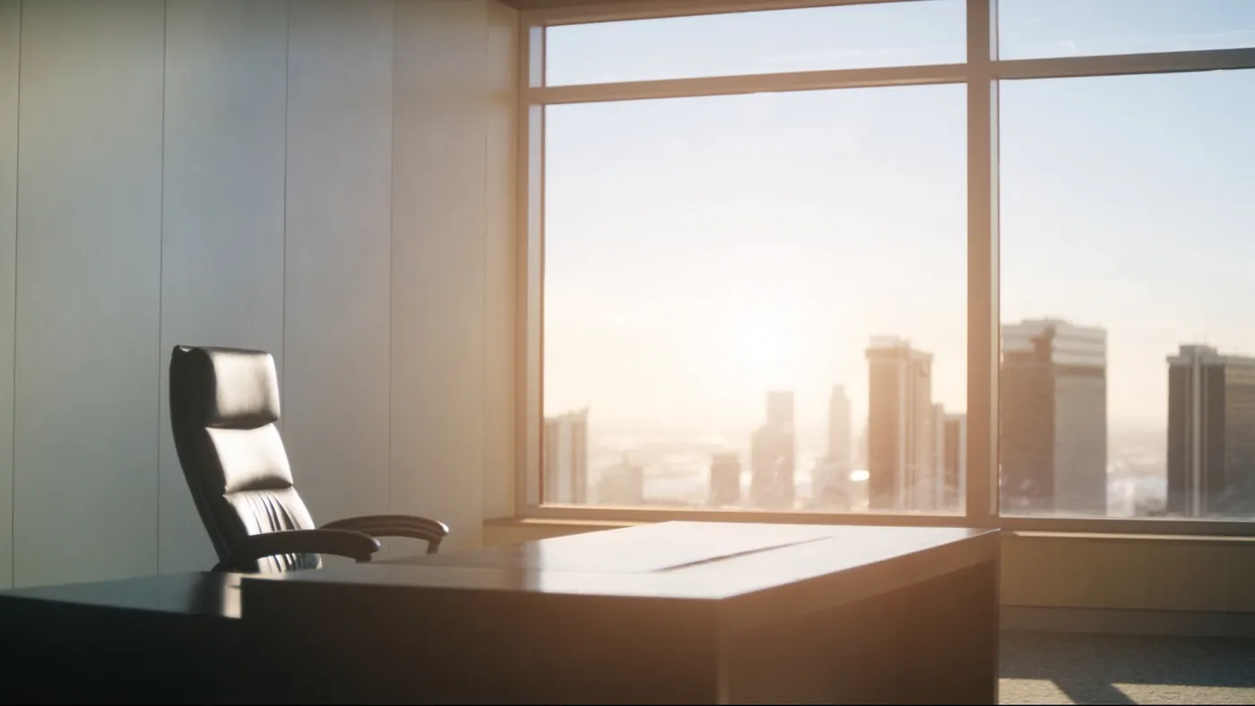 A refined financial advisor office by a window with a city skyline
