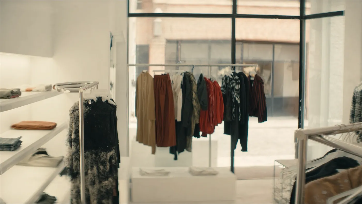 A stylish modern boutique with curated racks of apparel