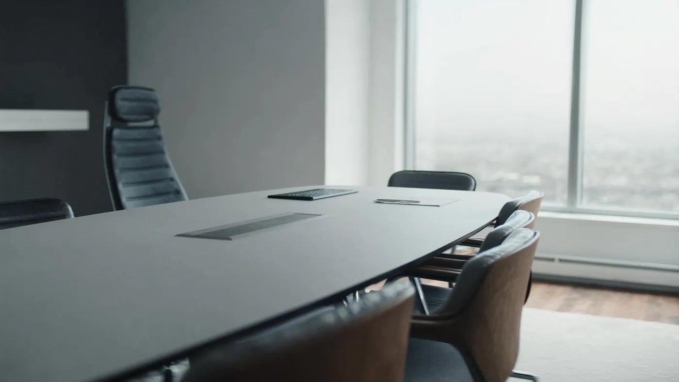 A refined modern consulting office with a clean meeting table by big windows