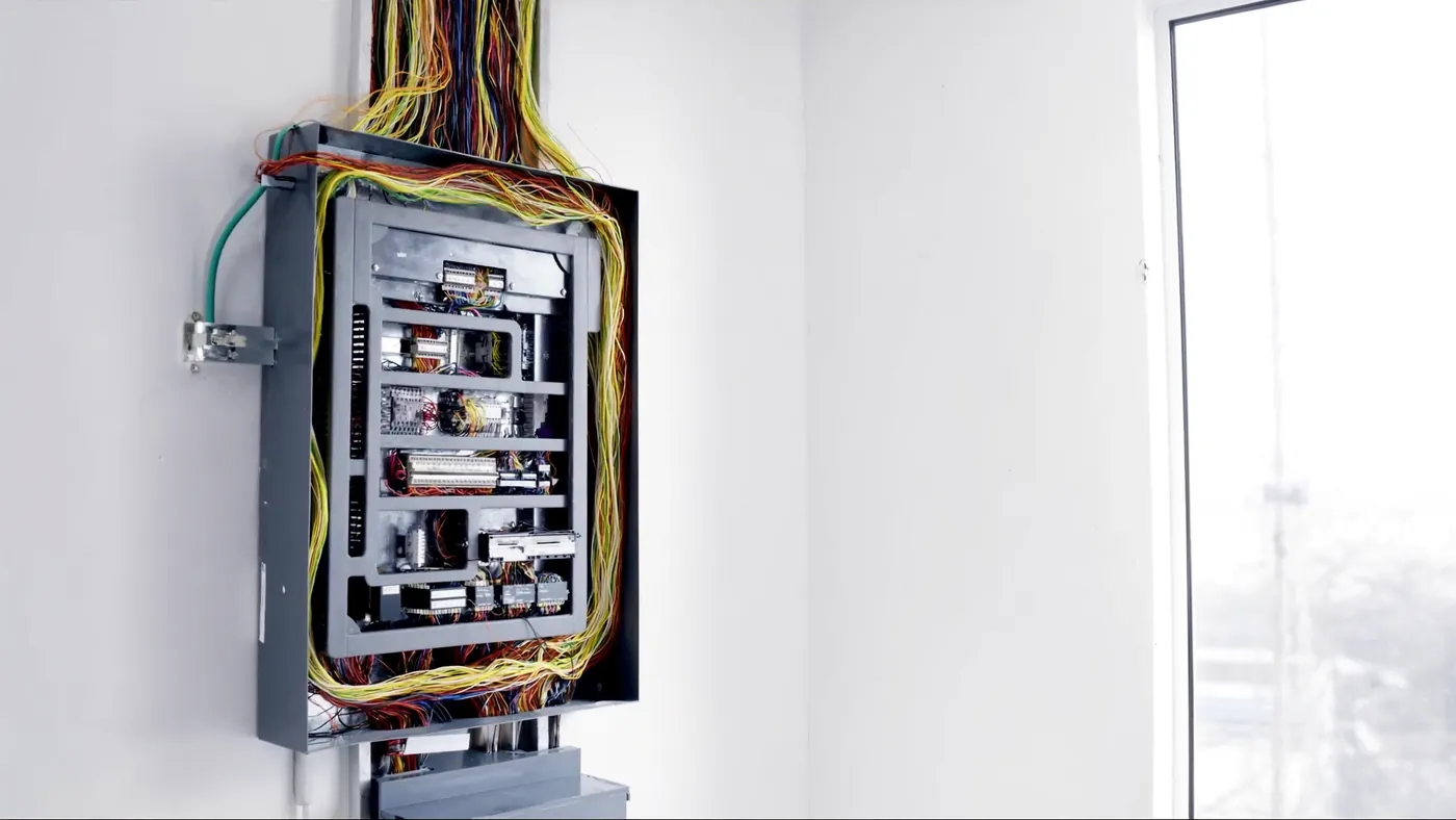 A bright modern electrical panel with neat new wiring in a clean utility room