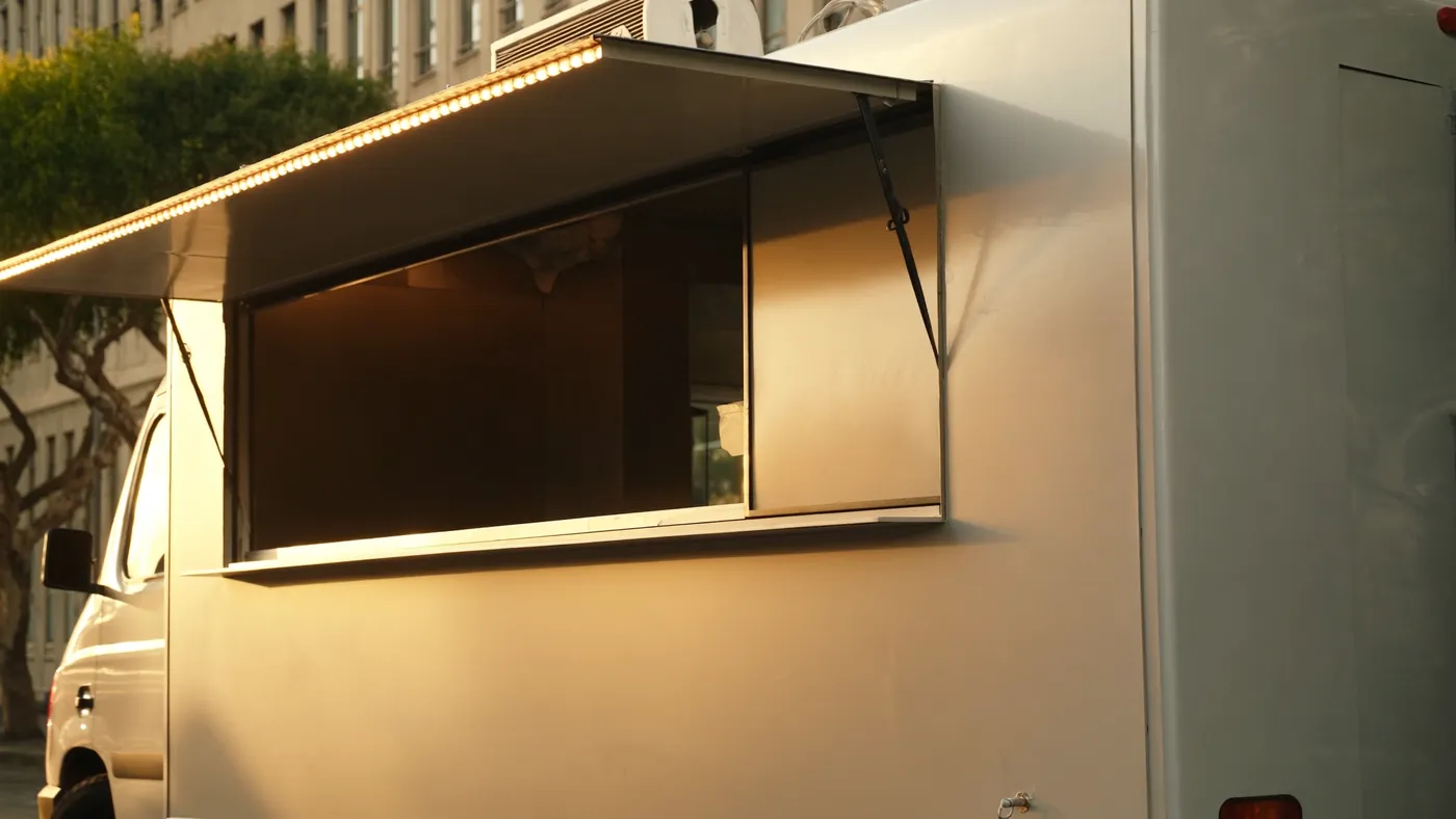 A clean modern food truck parked on a sunny street at golden hour