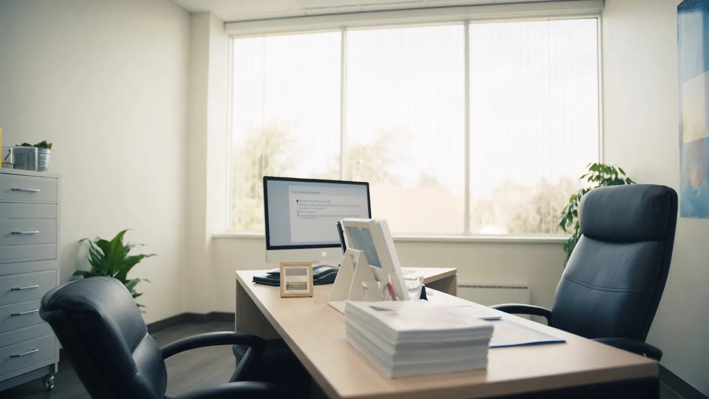 A welcoming modern insurance agency office with client chairs