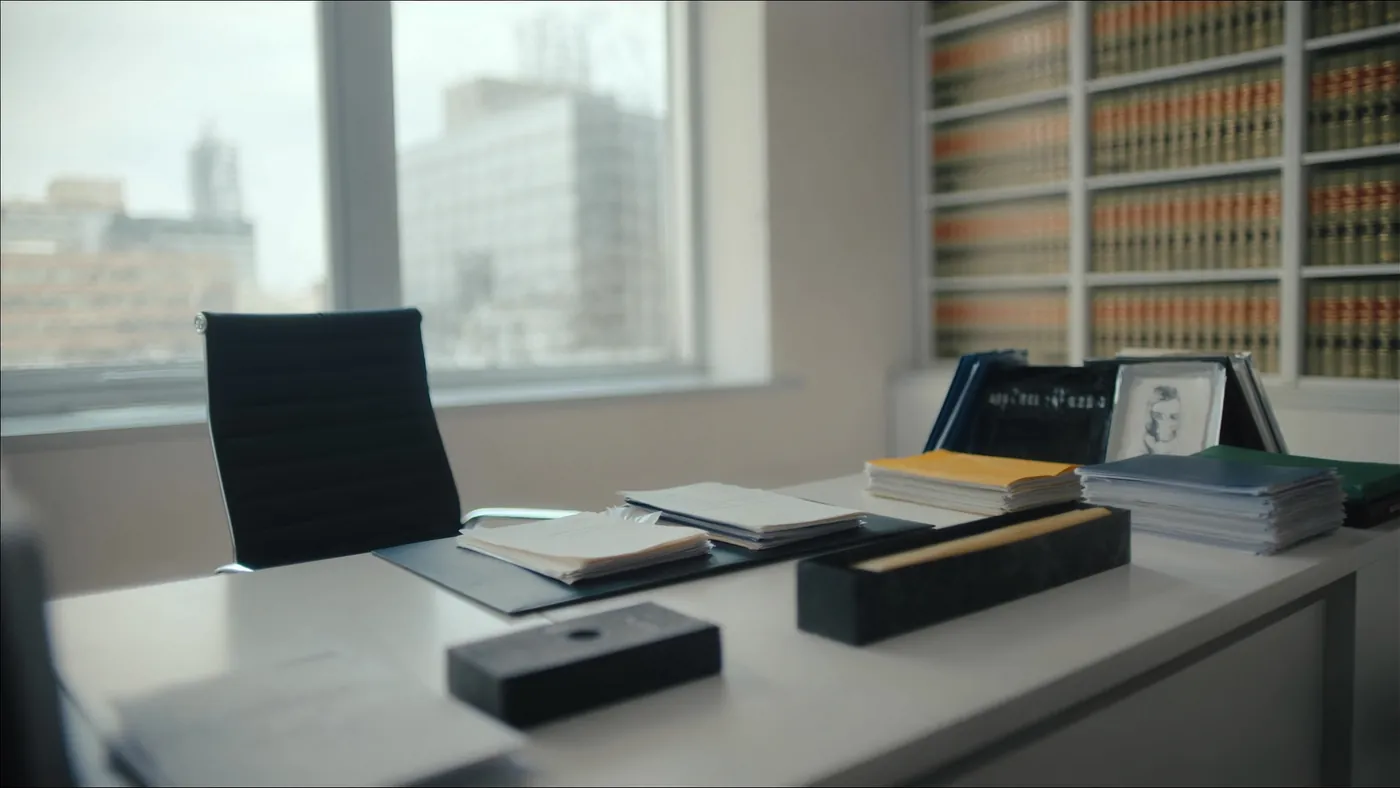 A modern law office with a clean desk and a wall of law books
